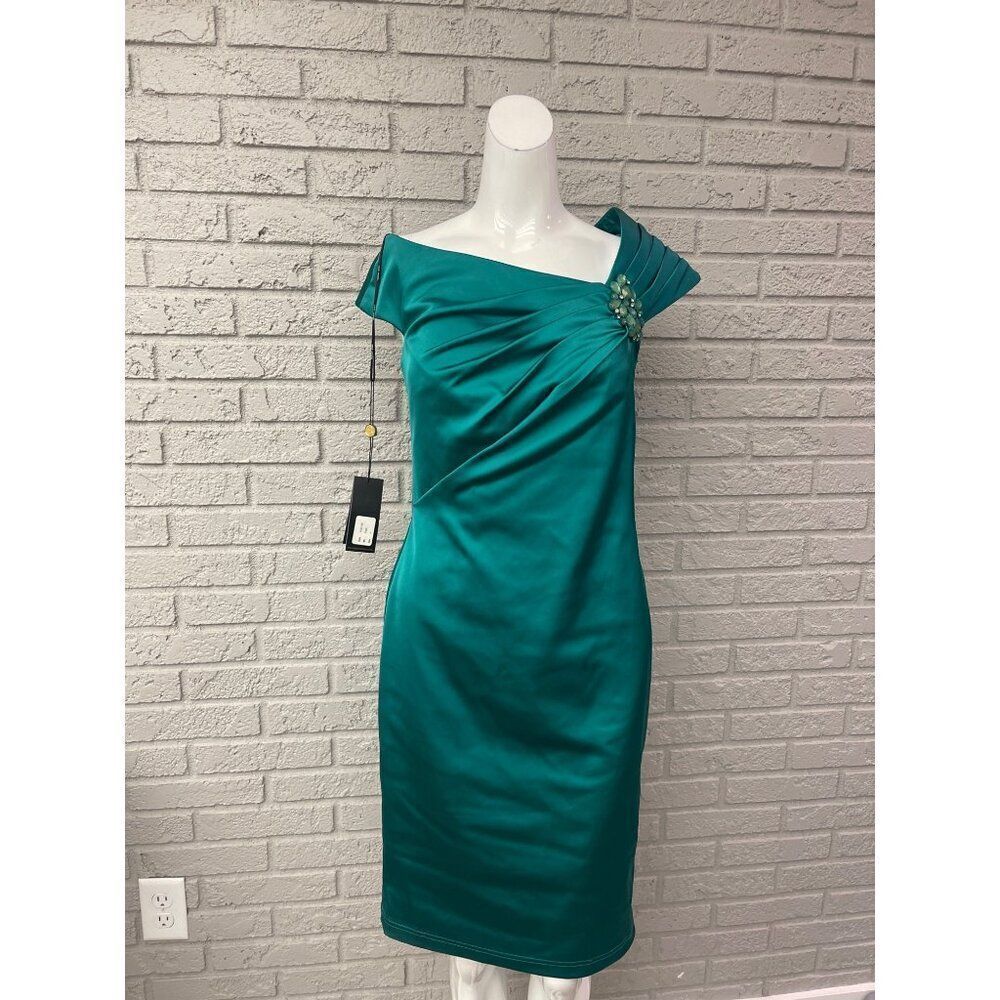 Tadashi Shoji Women Embellished Asymmetrical Neckline Pleated Shoulder Sheath Dr